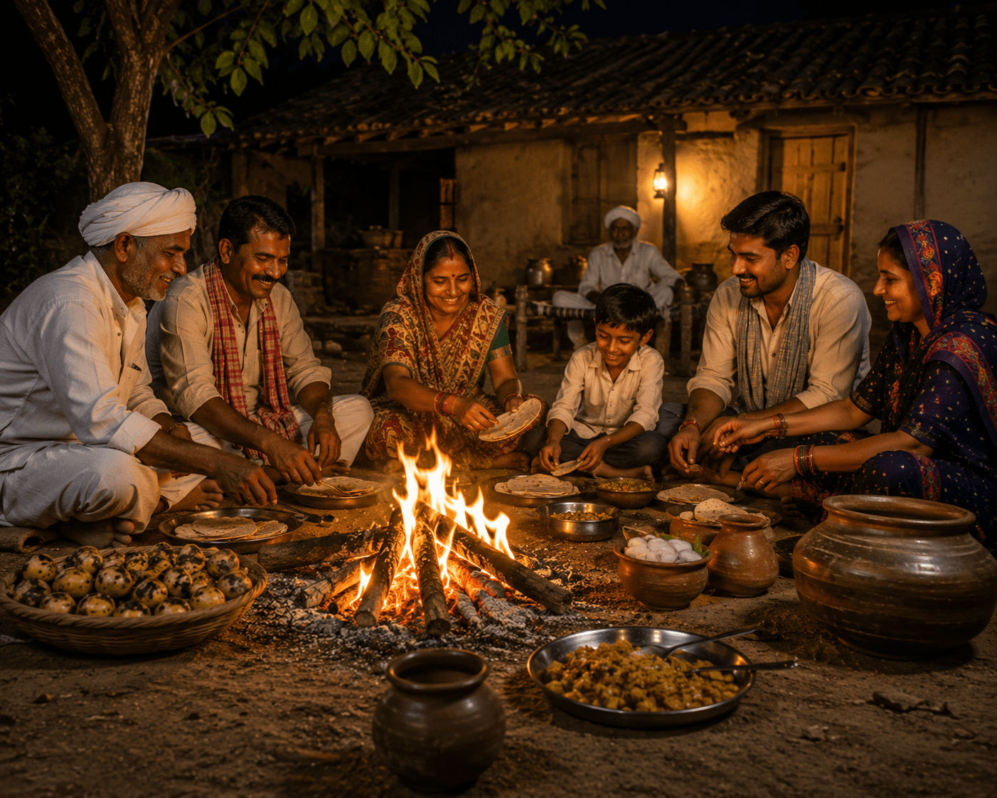 A village family gathered around a bonfire at night, sharing a wood-fire dinner.