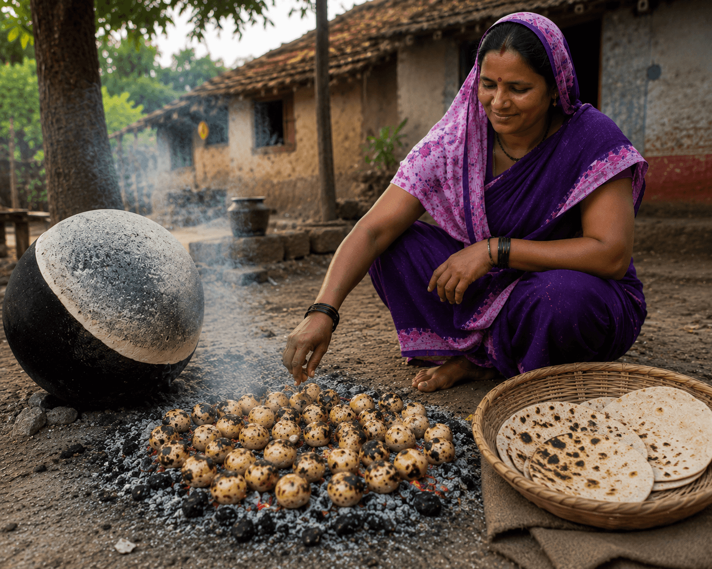A village woman roasting baati over glowing coals, with a basket of wood-fire bhakri beside her.