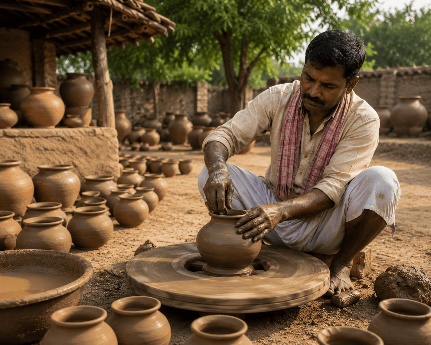 A village potter shaping a clay pot on his wheel, rows of terracotta pots drying around him.