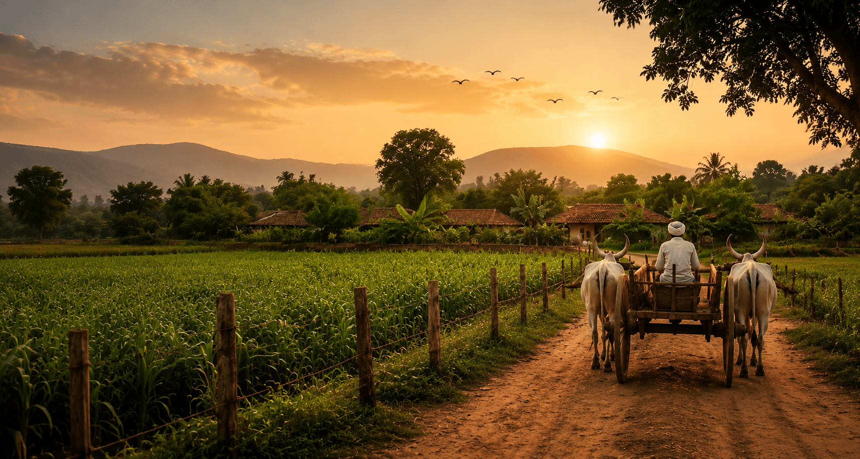 A farmer rides a bullock cart down a dirt lane past green fields at sunset.